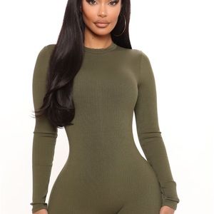 Jumpsuit, high neck, zip back, compression ribbed, stretch, 82%Rayon 18%Spandex.